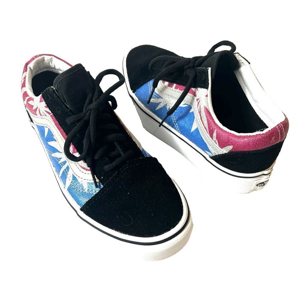 VANS Women 7.5 Glitter Leaves Print Suede Platform Sneaker Lace Up Low Top Men 6